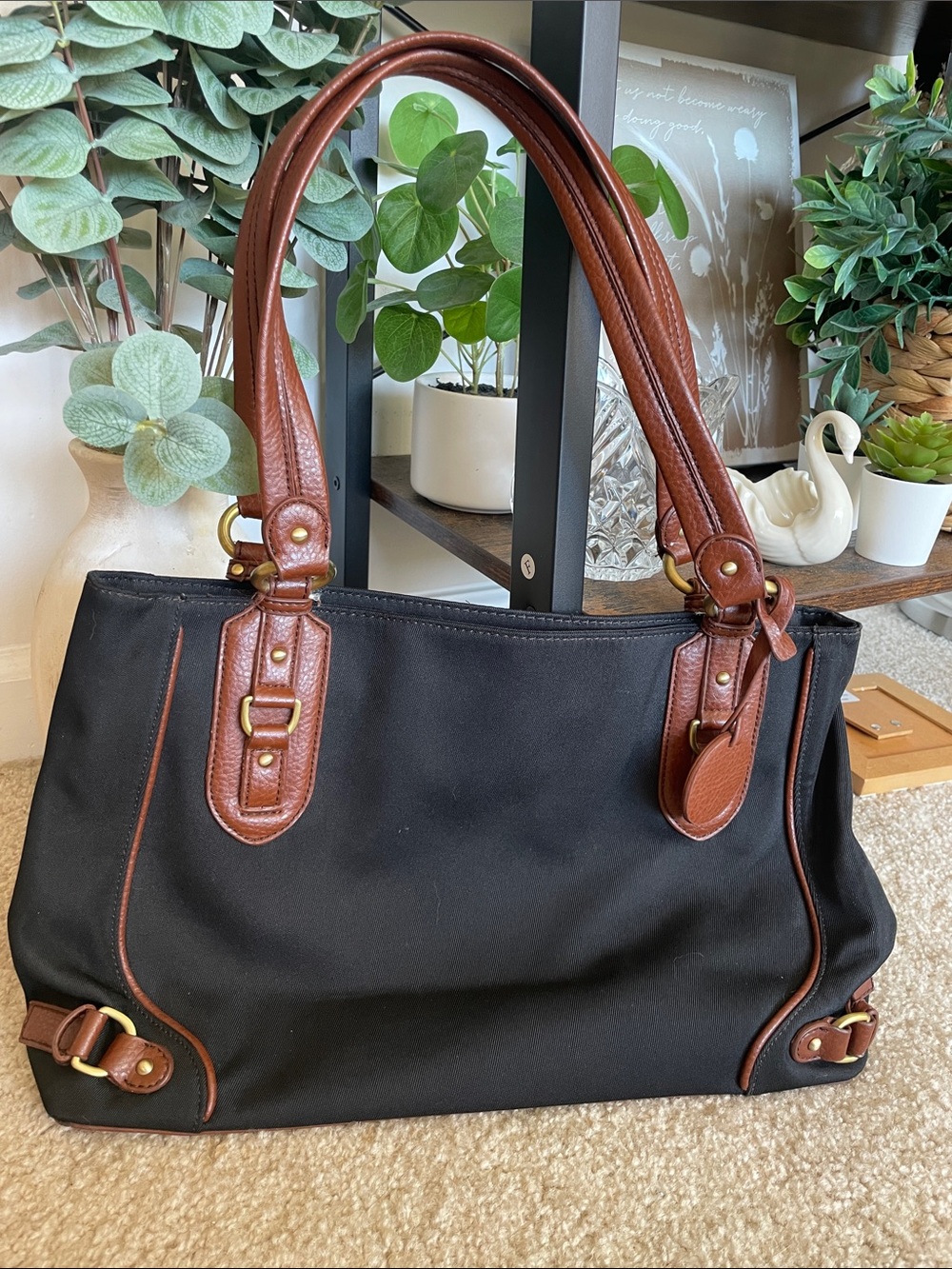 Etienne Aigner Navy Shoulder Bag with Brown Leather Trim